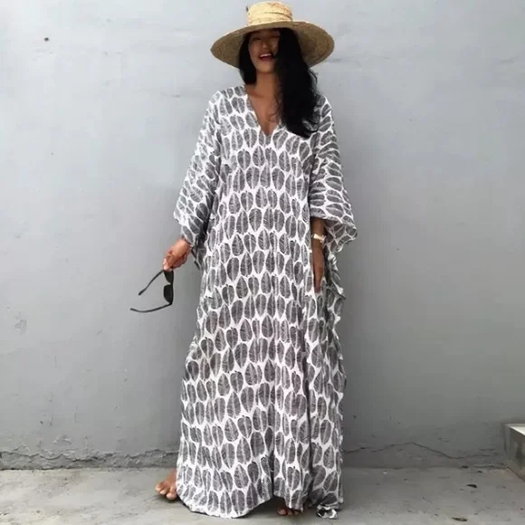 Grays Feather Foil Leaf Bohemian Gypsy Kaftan With Side Slit, Leaf Print - Picture 1 of 7